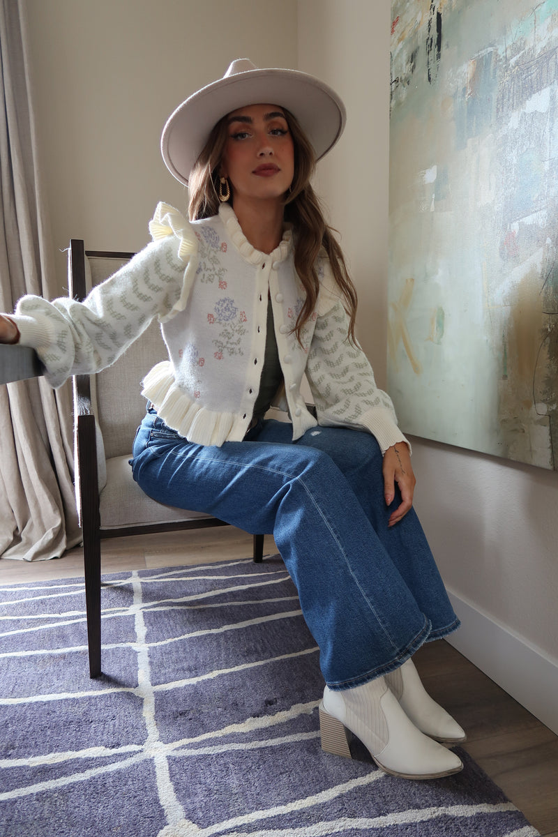 Long Sleeve Ruffle Floral Print Crop Cardigan Ivory