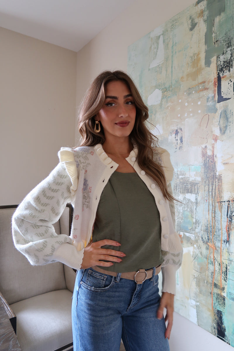 Long Sleeve Ruffle Floral Print Crop Cardigan Ivory