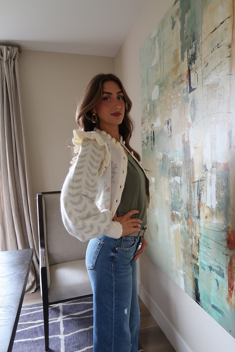 Long Sleeve Ruffle Floral Print Crop Cardigan Ivory