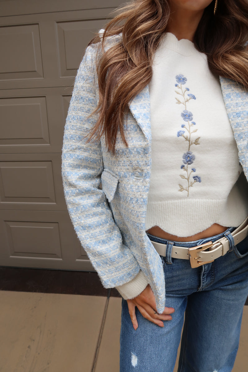 Long Sleeve Floral Embroidered Sweater Cream