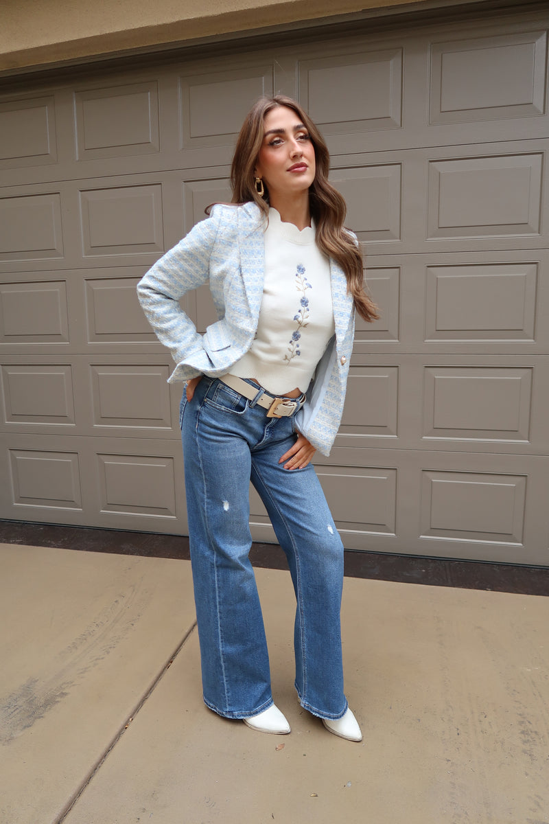 Long Sleeve Floral Embroidered Sweater Cream