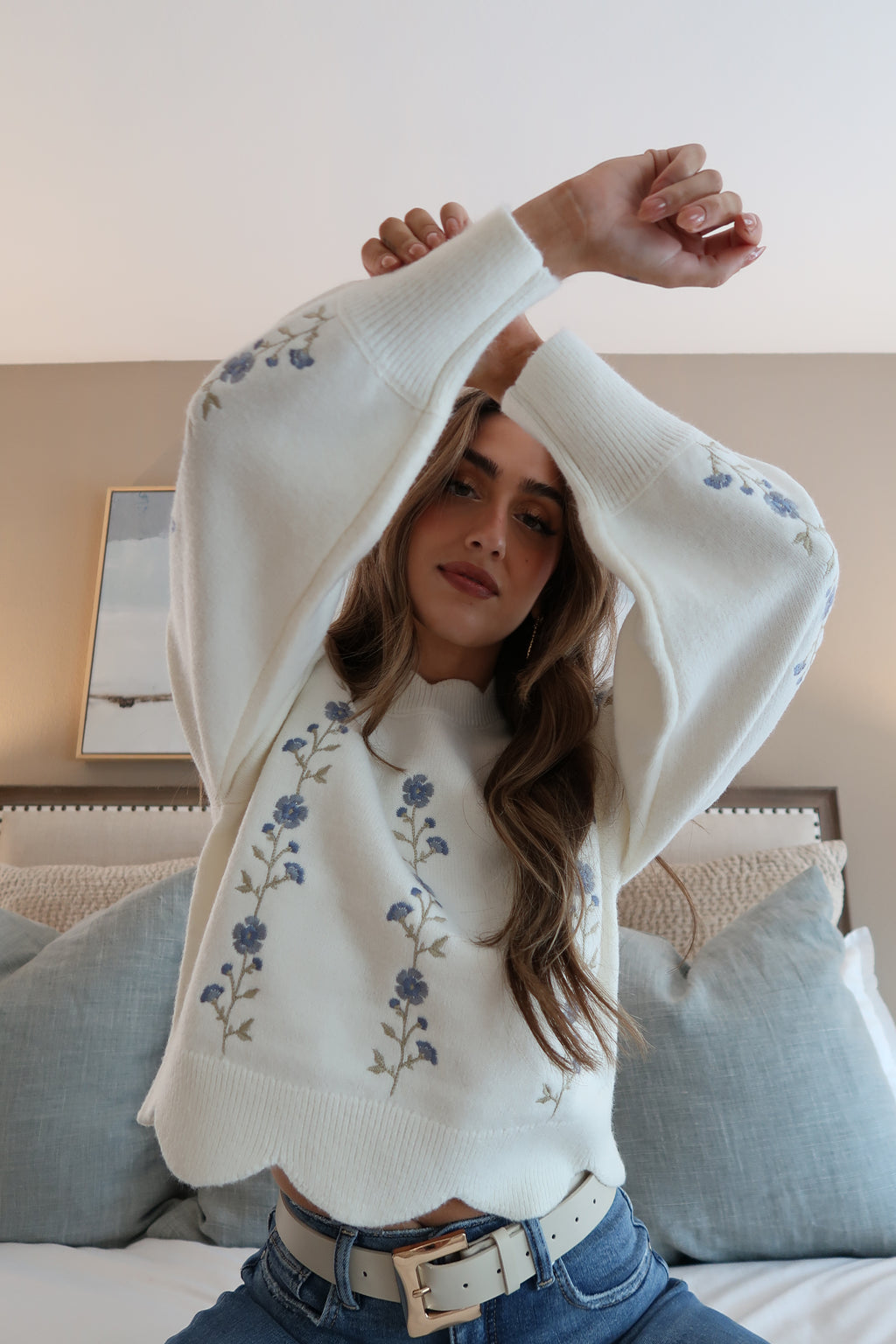 Long Sleeve Floral Embroidered Sweater Cream