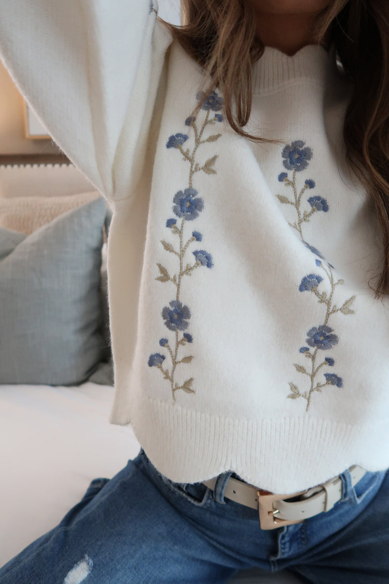 Long Sleeve Floral Embroidered Sweater Cream
