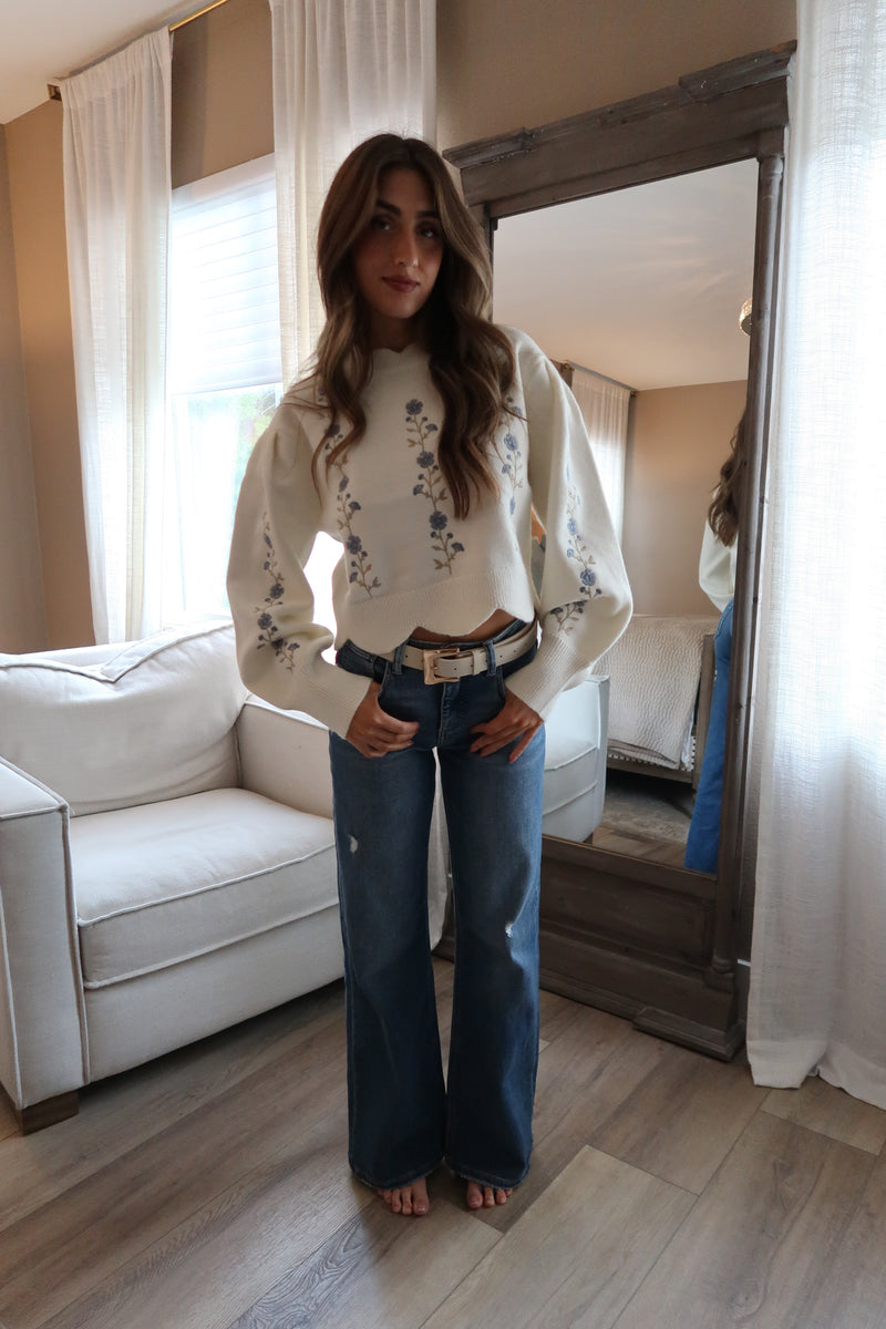 Long Sleeve Floral Embroidered Sweater Cream
