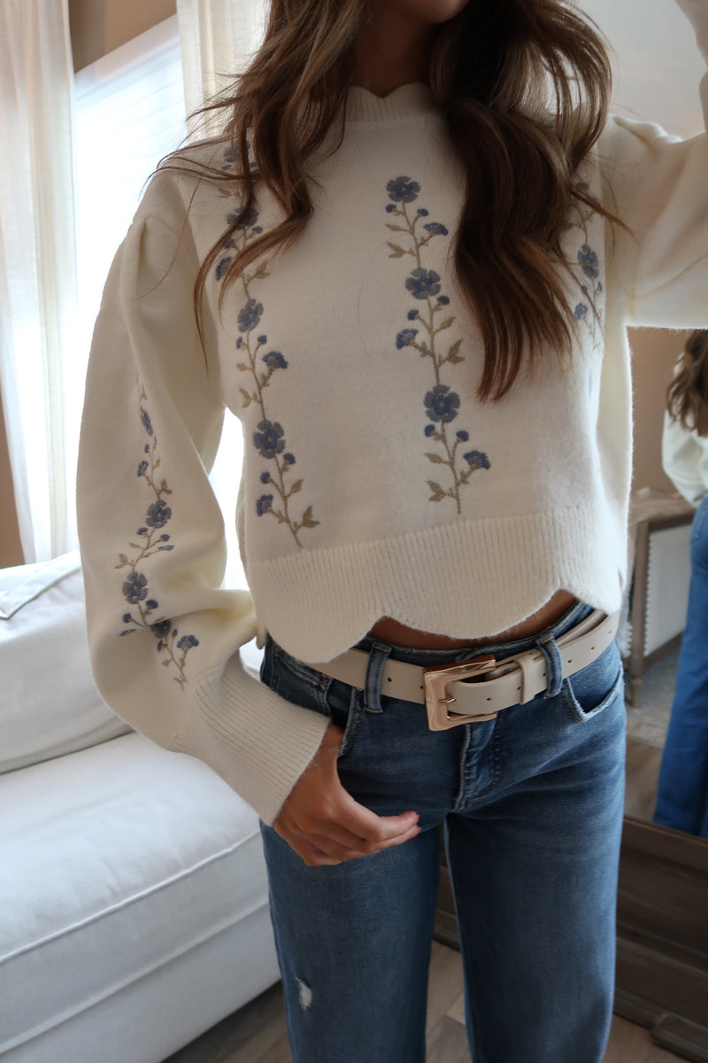 Long Sleeve Floral Embroidered Sweater Cream