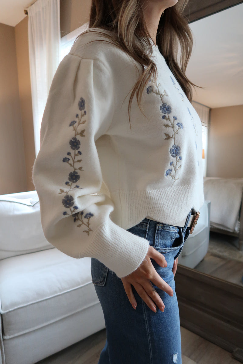 Long Sleeve Floral Embroidered Sweater Cream