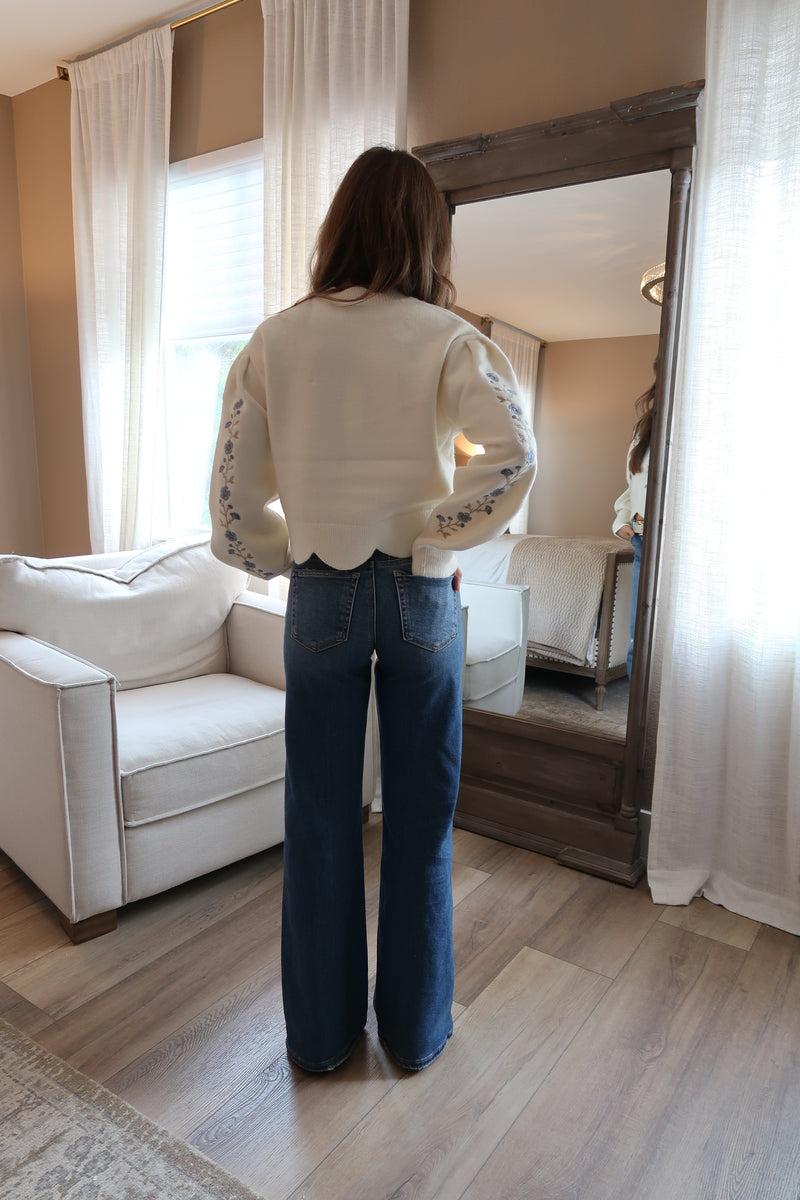 Long Sleeve Floral Embroidered Sweater Cream