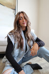 Sleeveless Oversized Open Front Quilted Denim Vest Blue