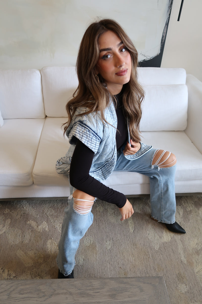 Sleeveless Oversized Open Front Quilted Denim Vest Blue