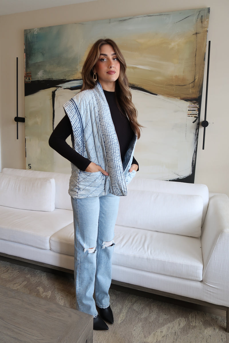 Sleeveless Oversized Open Front Quilted Denim Vest Blue