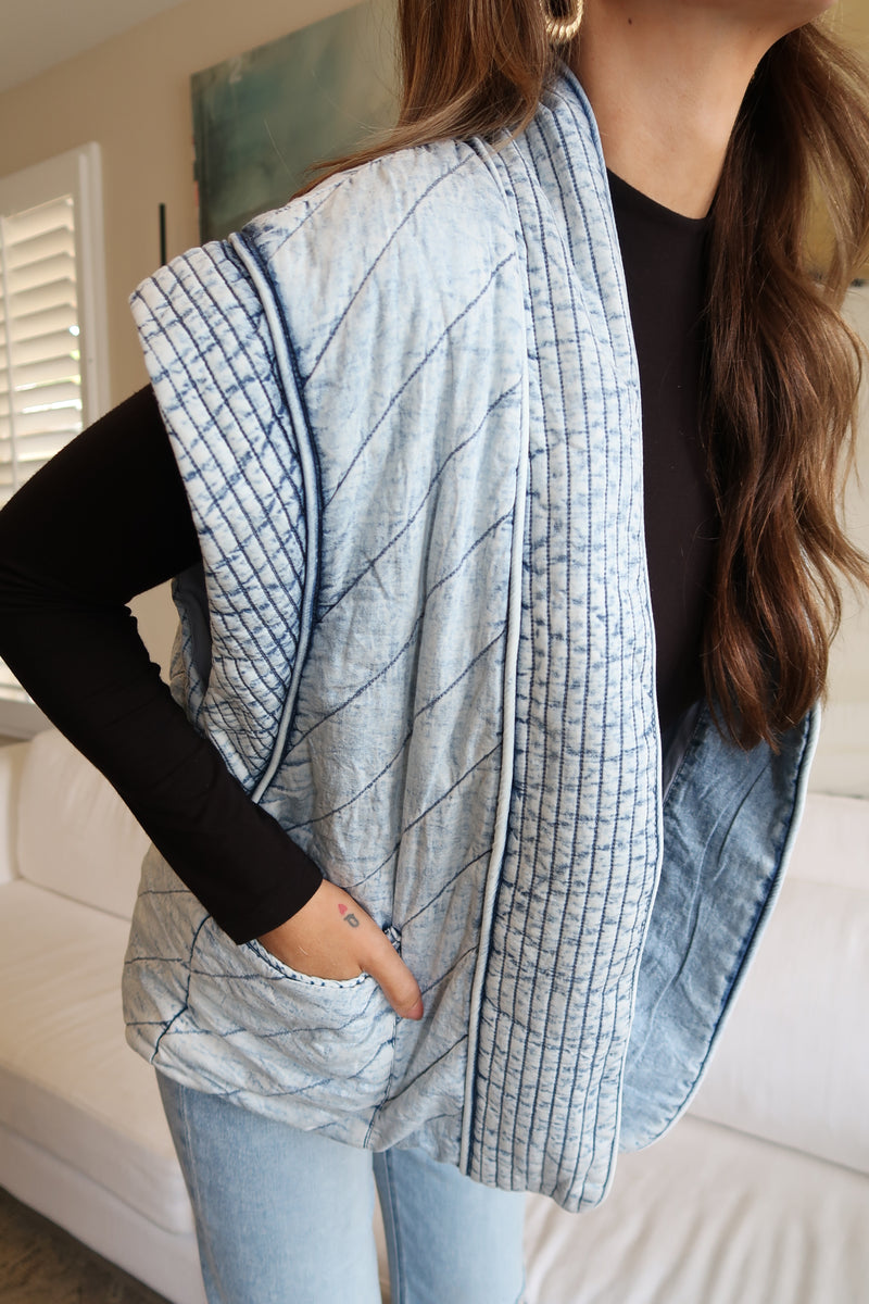 Sleeveless Oversized Open Front Quilted Denim Vest Blue