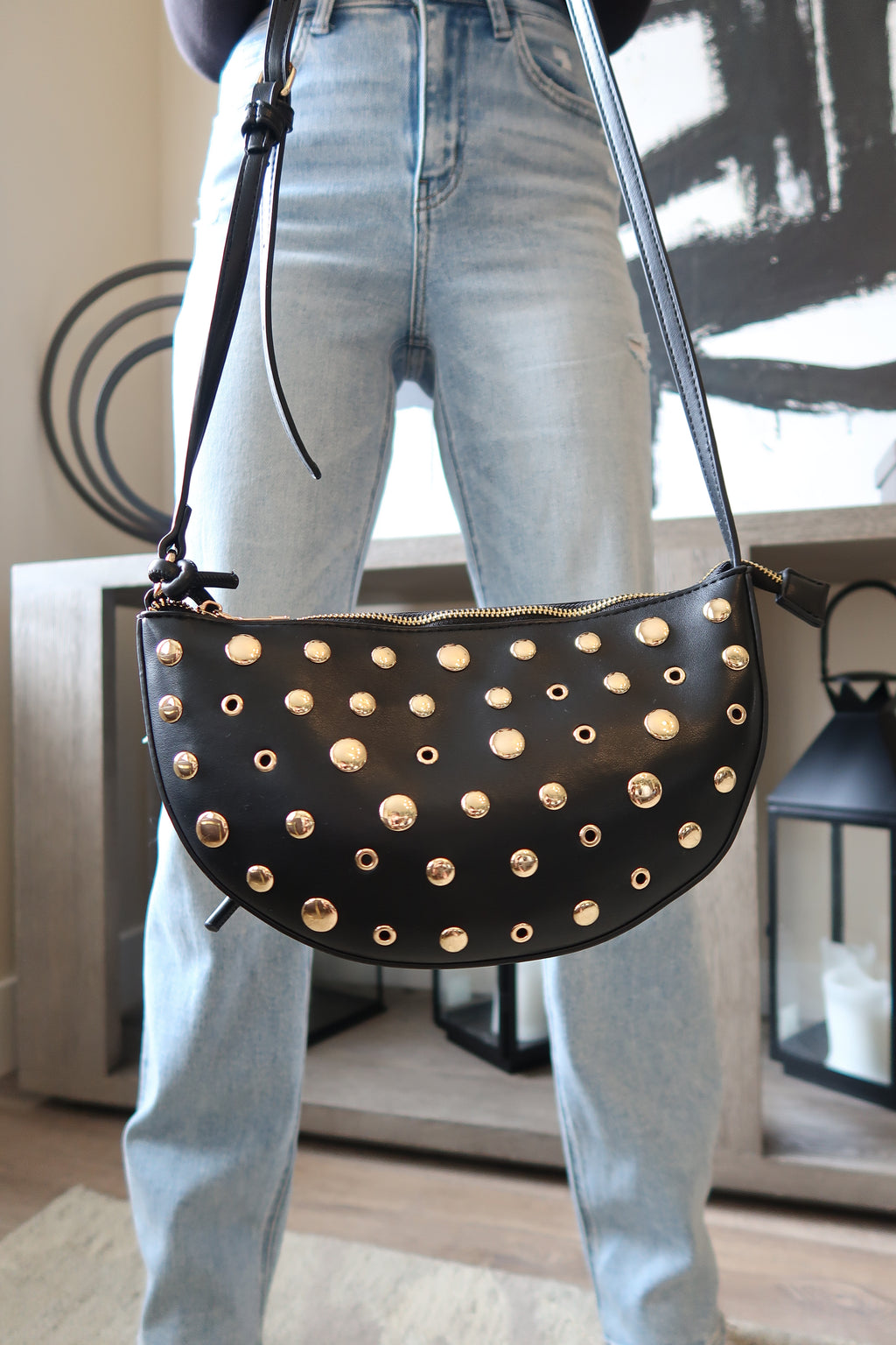 Shoulder Bag Faux Leather Studded Purse Black