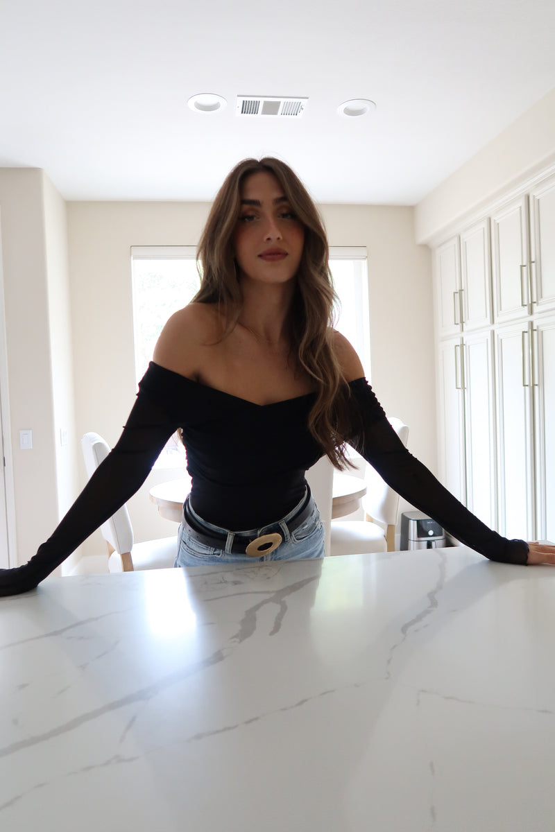 Long Sleeve Asymmetrical Mesh Top Black