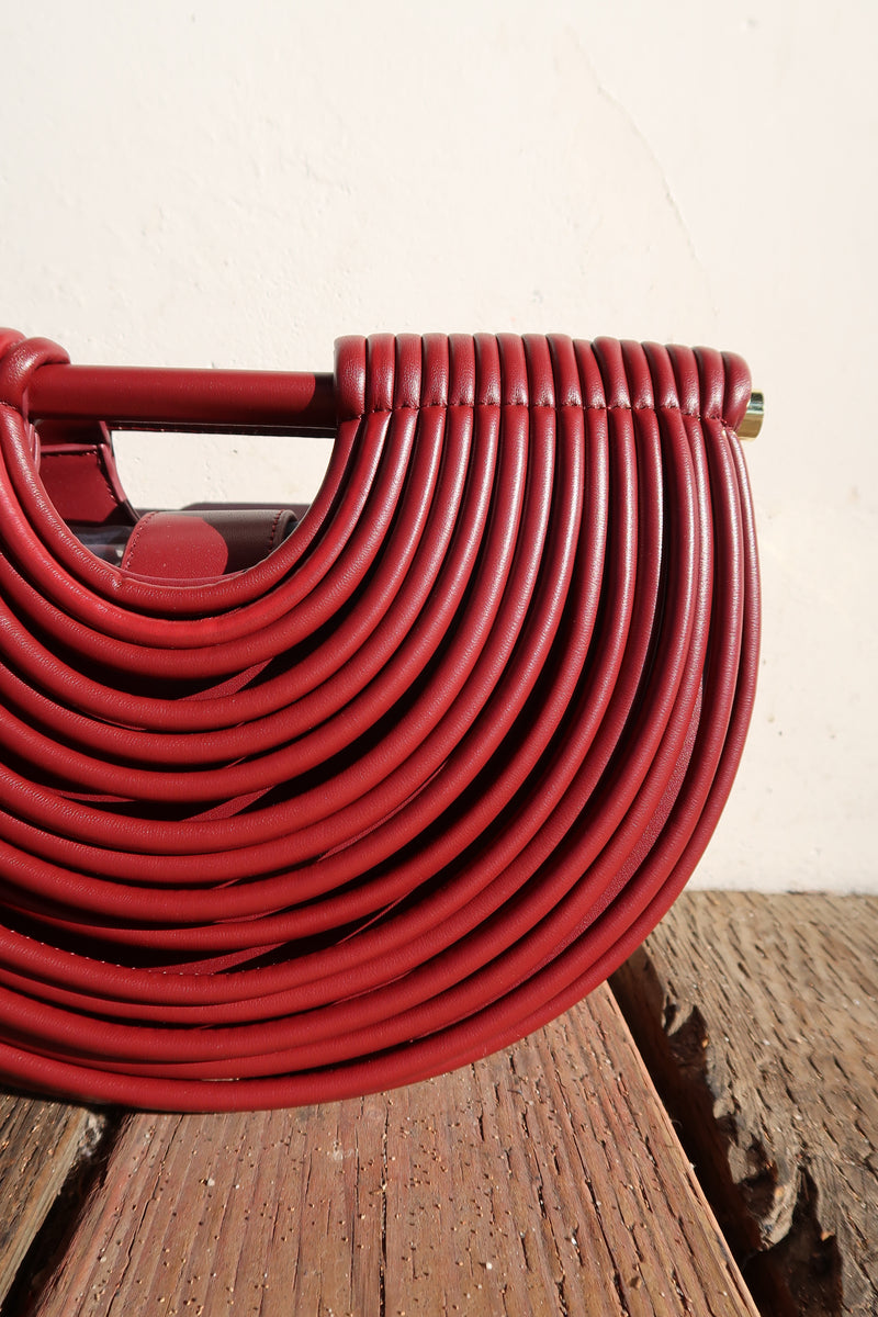 Top Handle Faux Leather Woven Handbag Red