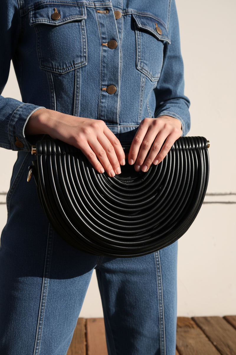 Top Handle Faux Leather Woven Handbag Black