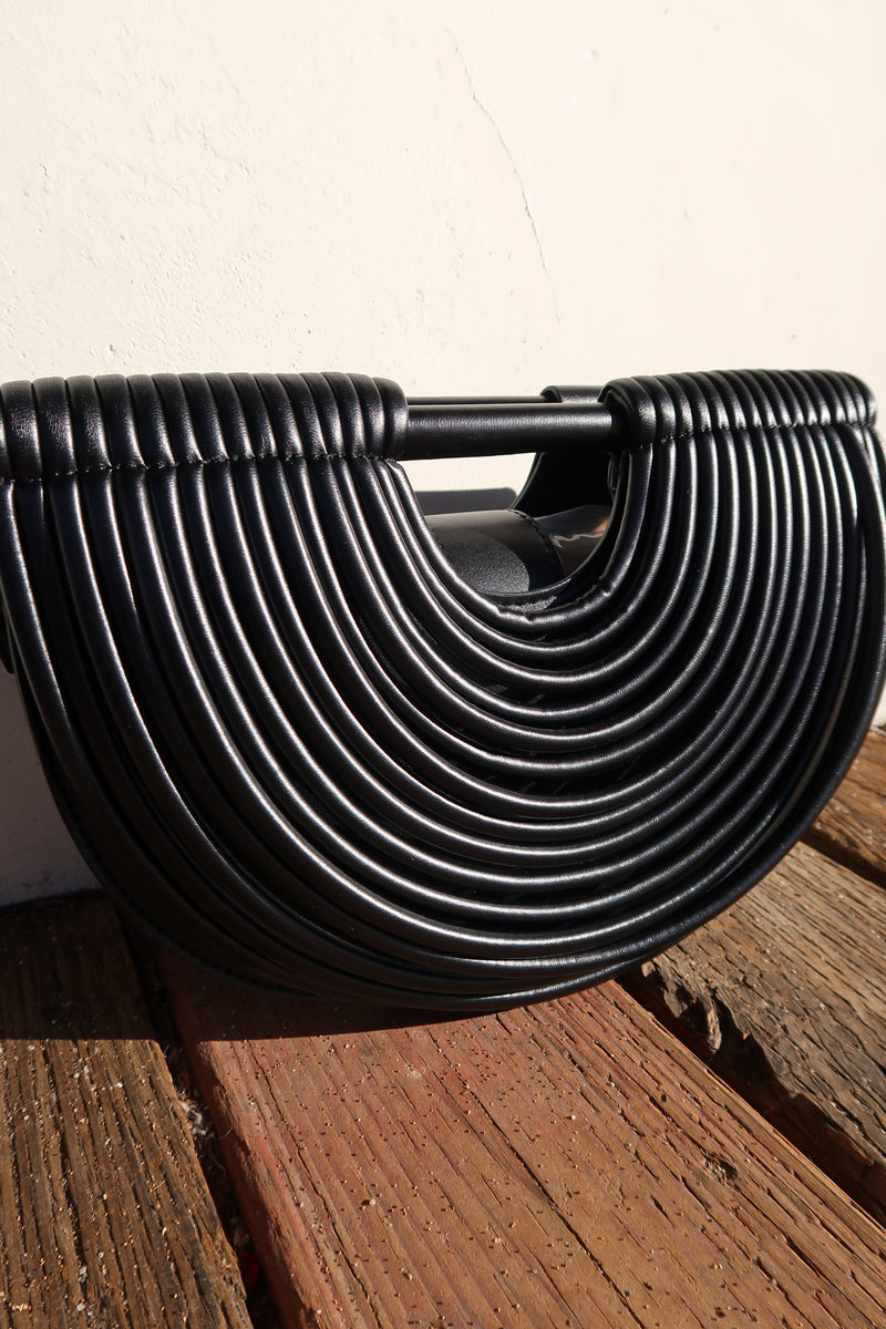 Top Handle Faux Leather Woven Handbag Black