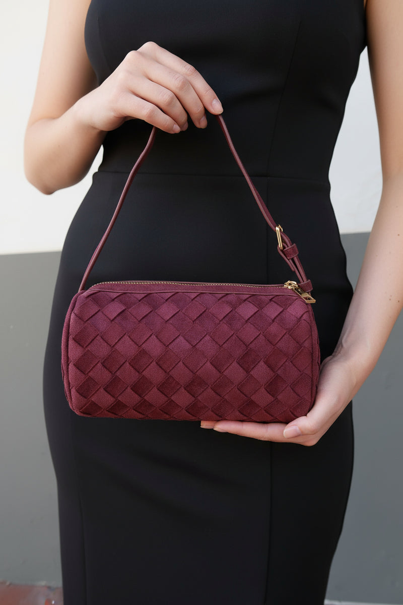 Shoulder Bag Faux Suede Woven Handbag Burgundy