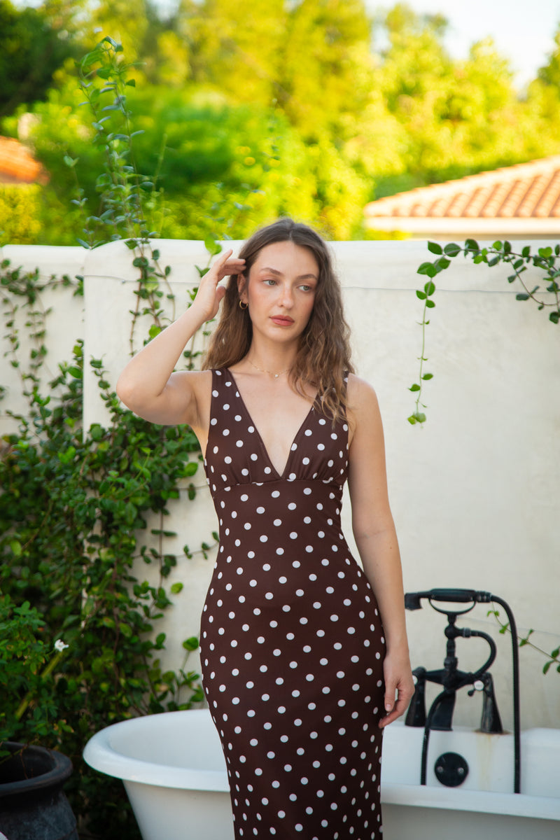 Serenity Sleeveless Polka Dot Print Mesh Maxi Dress Brown