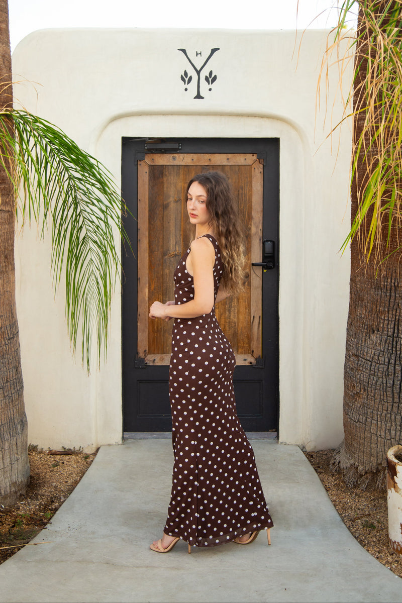 Serenity Sleeveless Polka Dot Print Mesh Maxi Dress Brown