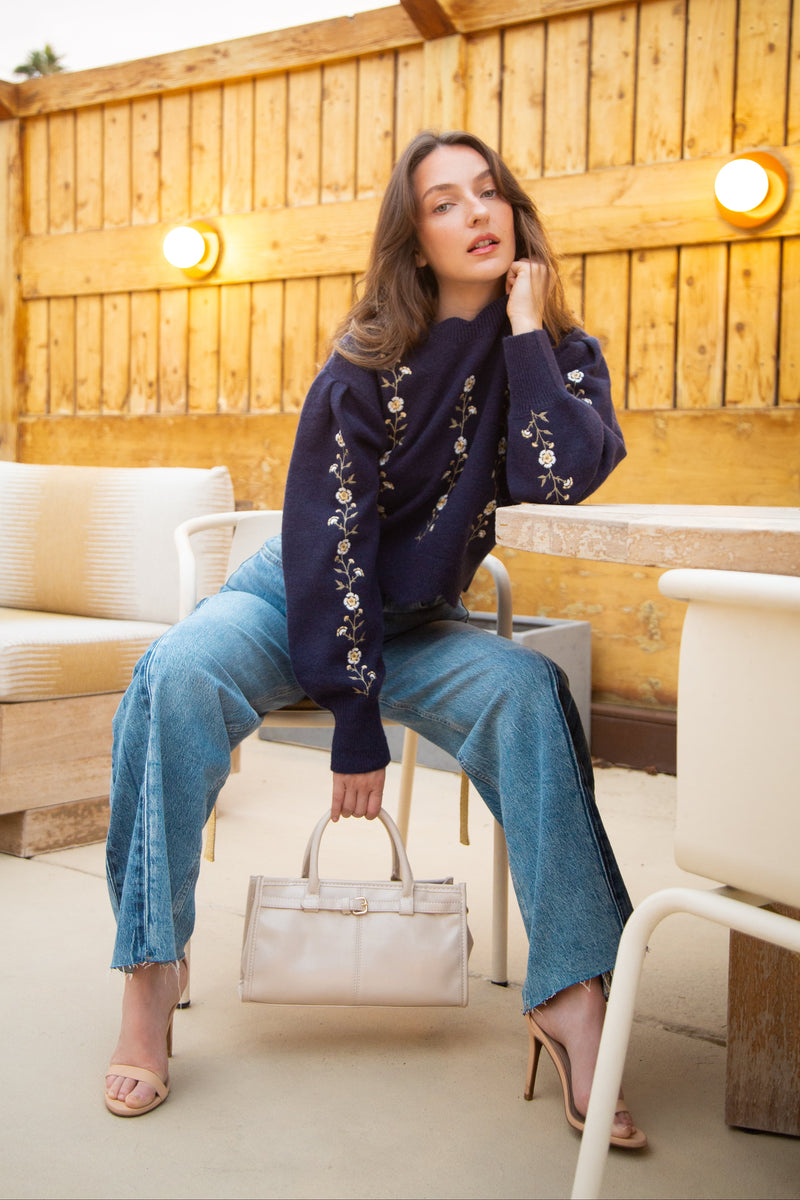 Grace Long Sleeve Floral Embroidered Sweater Navy