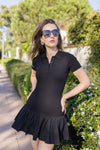 Short Sleeve Ribbed Knit Flared Mini Dress Black
