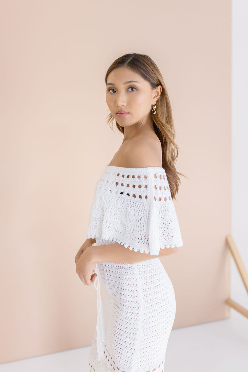 Off The Shoulder Crochet Maxi Dress White
