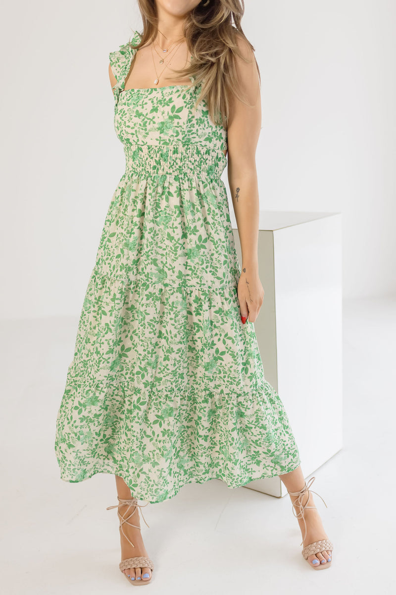 Sleeveless Floral Print Midi Dress Green