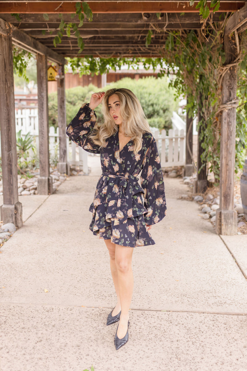  Long Sleeve Waist Tie Floral Print Mini Dress Navy