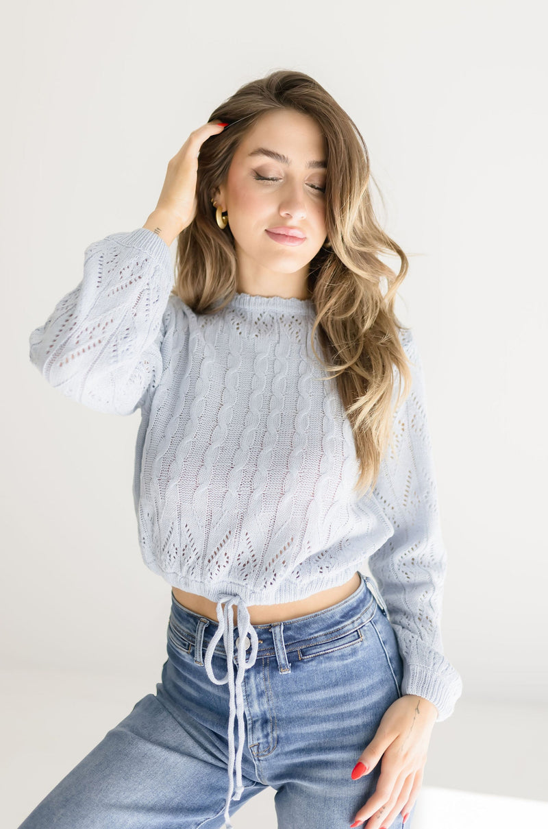 Long Sleeve Drawstring Crochet Sweater Top Blue