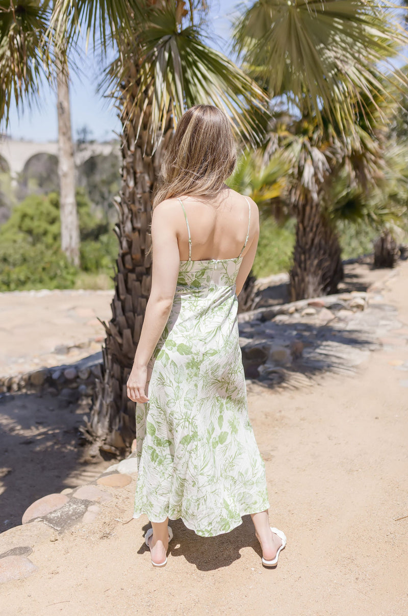  Sleeveless Tropical Print Midi Dress Green