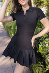 Short Sleeve Ribbed Knit Flared Mini Dress Black