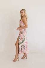  Floral Print Open Back Lace Up Satin Maxi Dress Pink