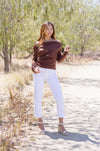 Long Sleeve Asymmetrical Off The Shoulder Top Brown