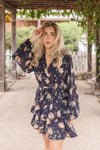  Long Sleeve Waist Tie Floral Print Mini Dress Navy