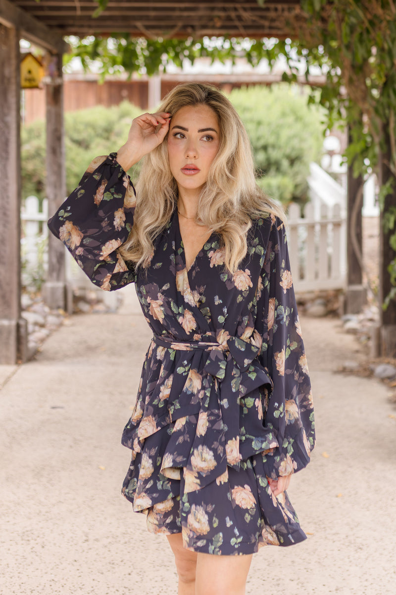  Long Sleeve Waist Tie Floral Print Mini Dress Navy