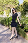 Short Sleeve Ribbed Knit Flared Mini Dress Black