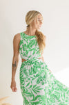  Sleeveless Cut Out Floral Print Midi Dress Green