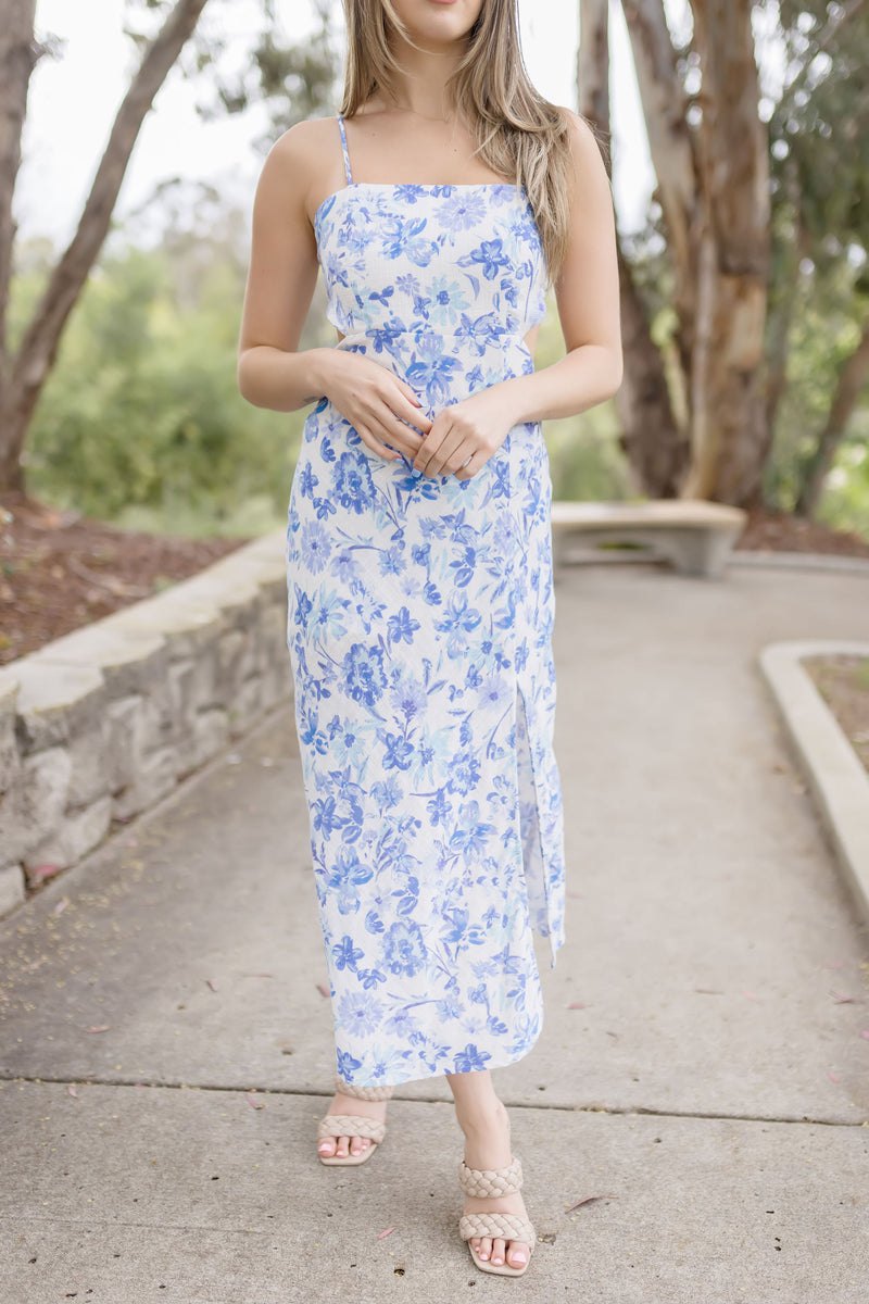 Sleeveless Cut Out Floral Print Madi Dress Blue
