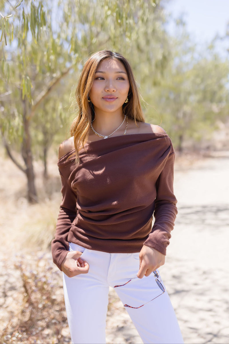 Long Sleeve Asymmetrical Off The Shoulder Top Brown