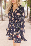  Long Sleeve Waist Tie Floral Print Mini Dress Navy