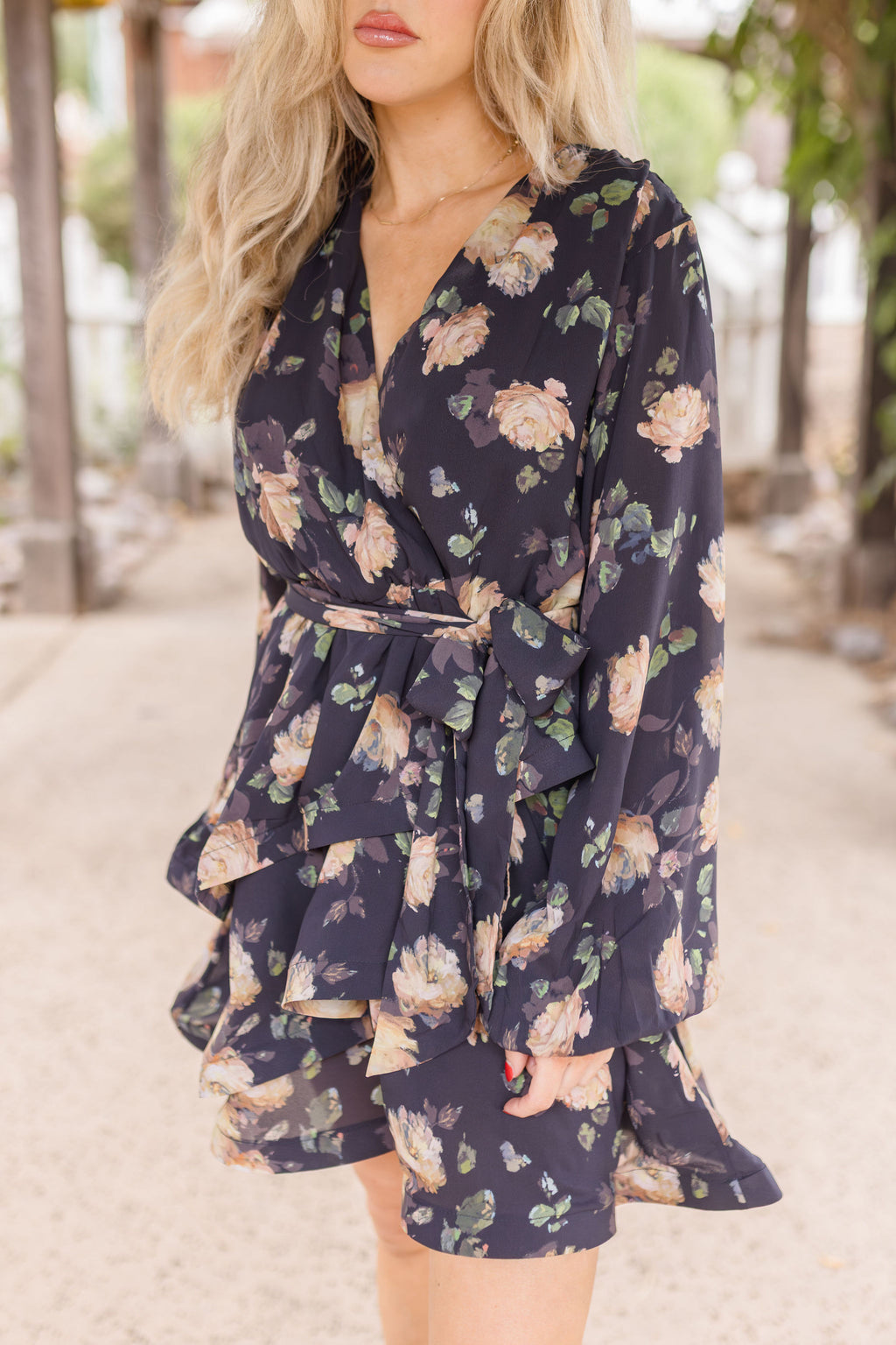  Long Sleeve Waist Tie Floral Print Mini Dress Navy