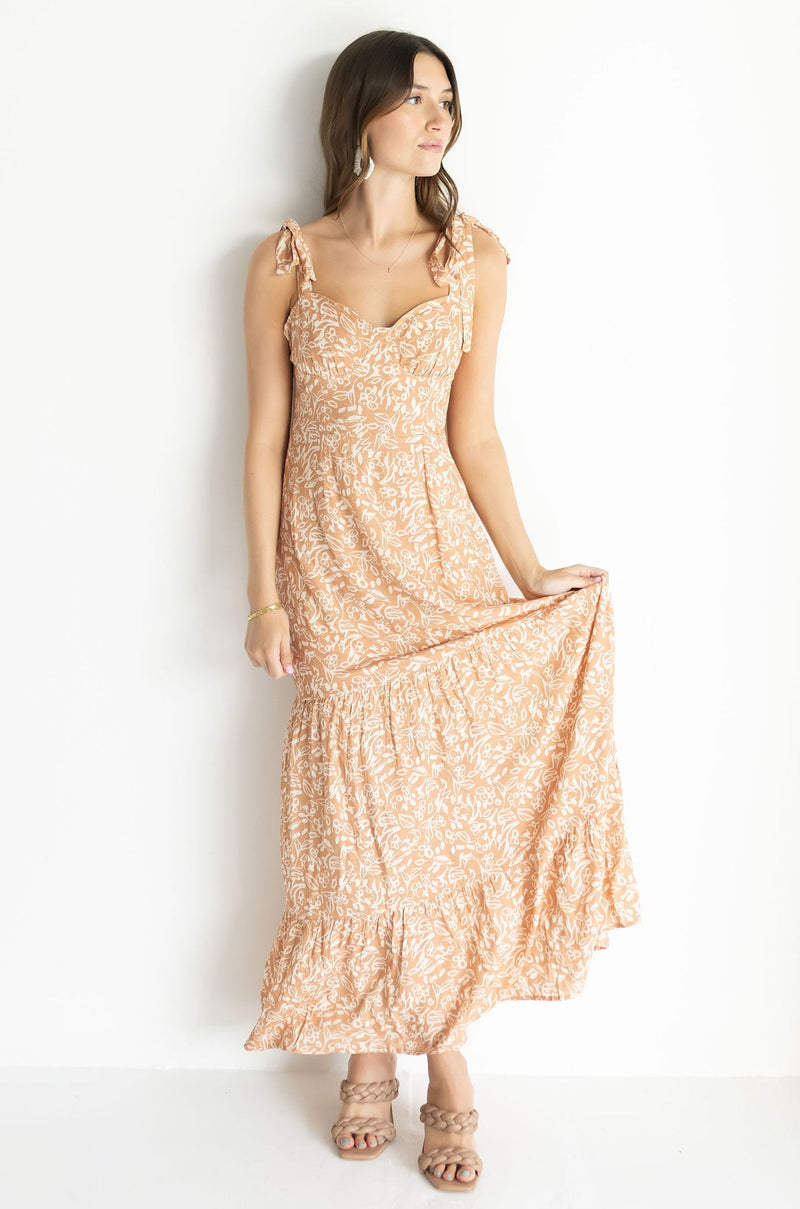 Sleeveless Shoulder Tie Floral Print Maxi Dress Taupe