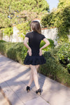 Short Sleeve Ribbed Knit Flared Mini Dress Black