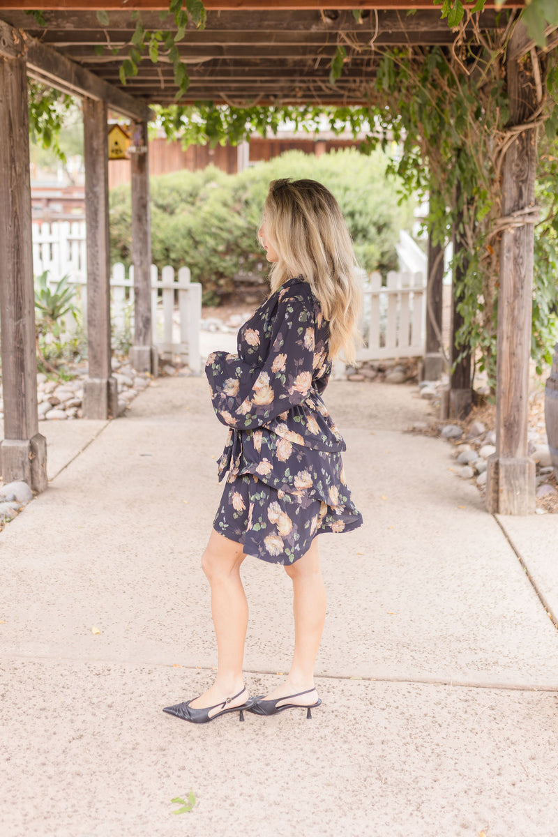  Long Sleeve Waist Tie Floral Print Mini Dress Navy