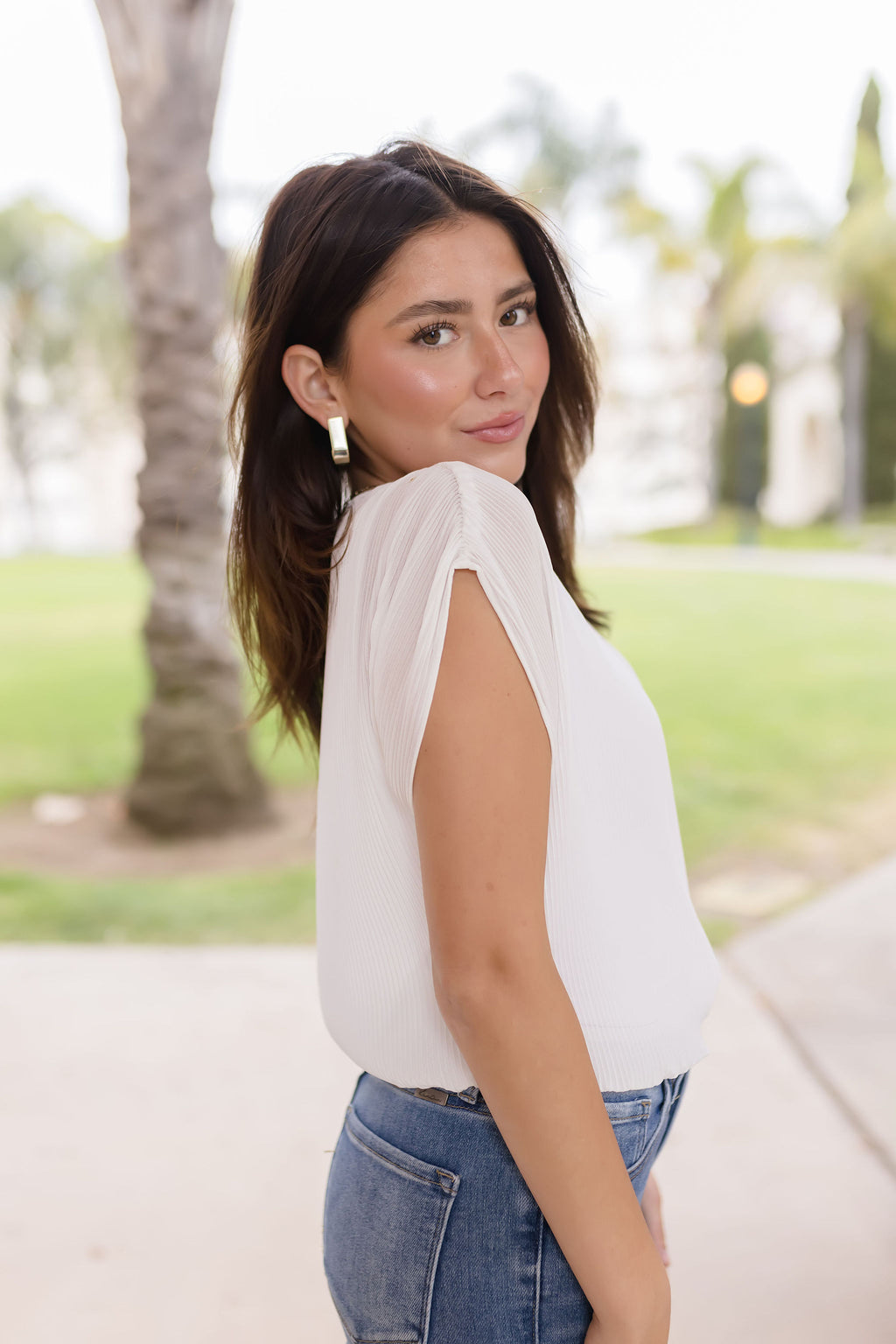  Pleated Cinched Waist Top White