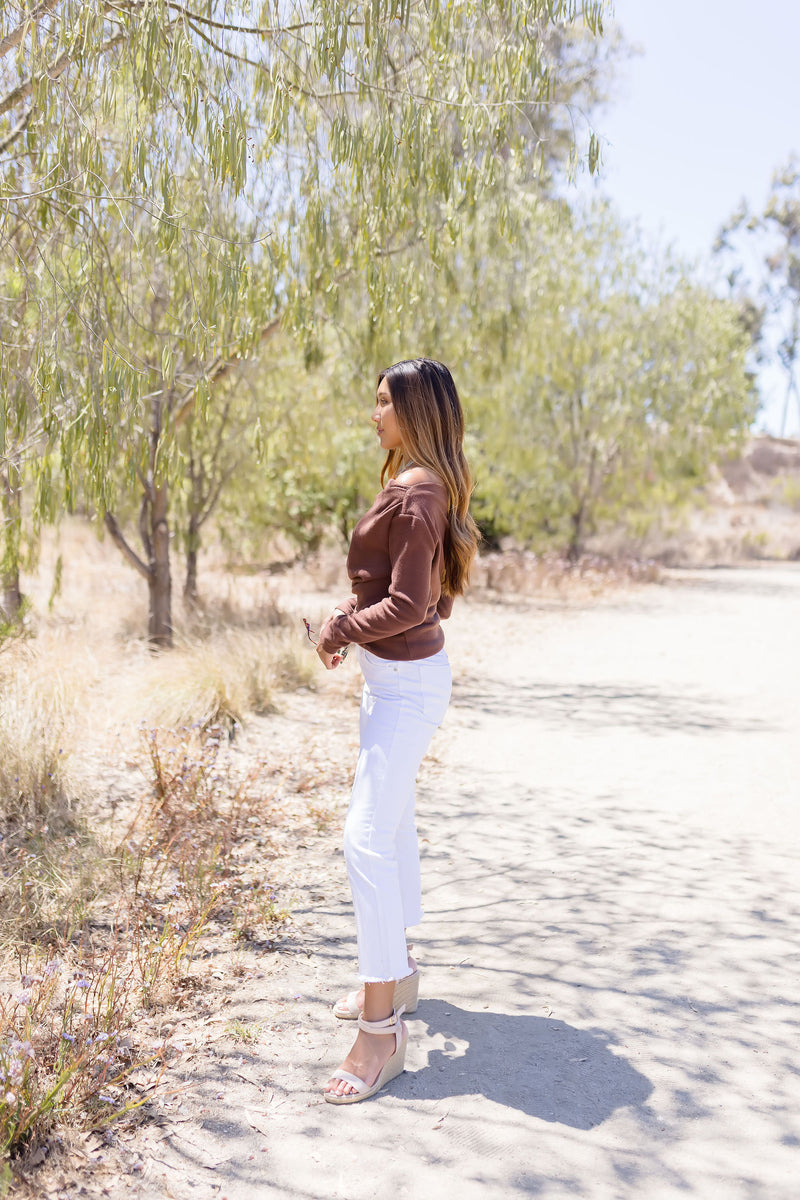 Long Sleeve Asymmetrical Off The Shoulder Top Brown