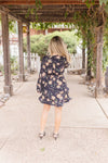  Long Sleeve Waist Tie Floral Print Mini Dress Navy