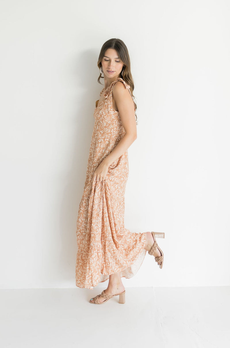 Sleeveless Shoulder Tie Floral Print Maxi Dress Taupe