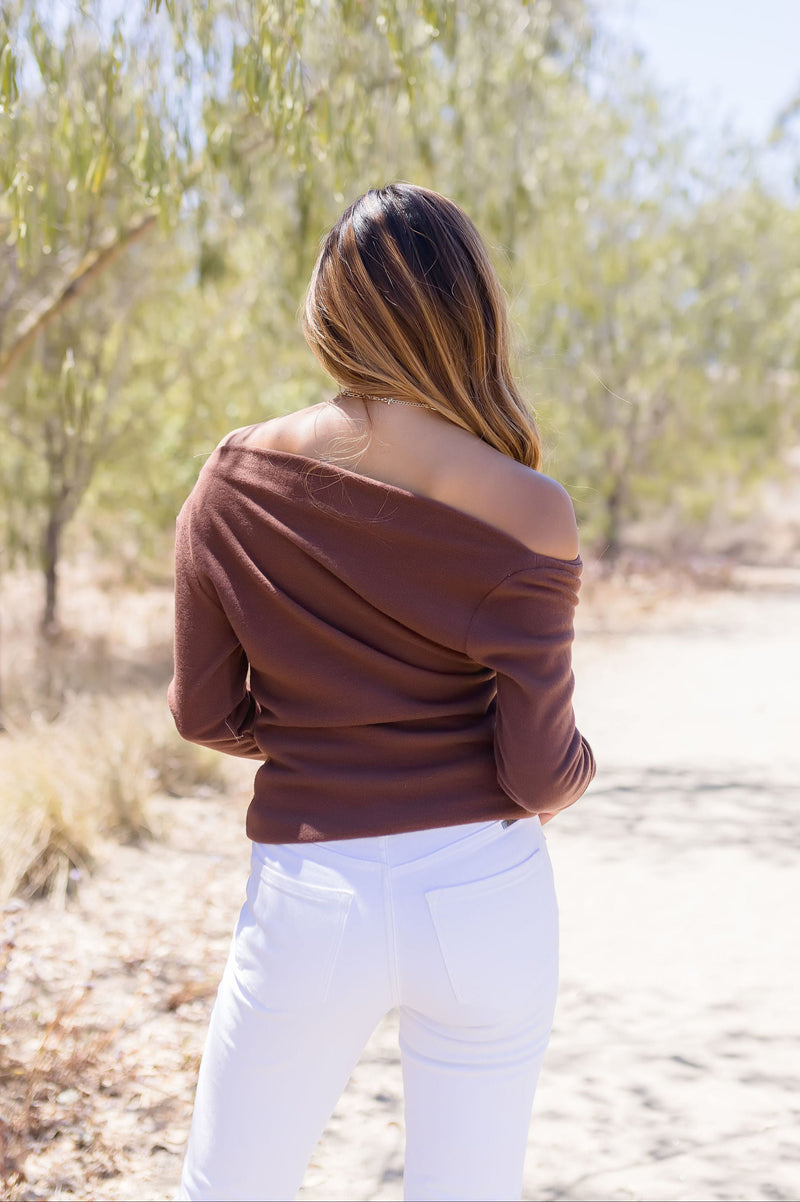 Long Sleeve Asymmetrical Off The Shoulder Top Brown