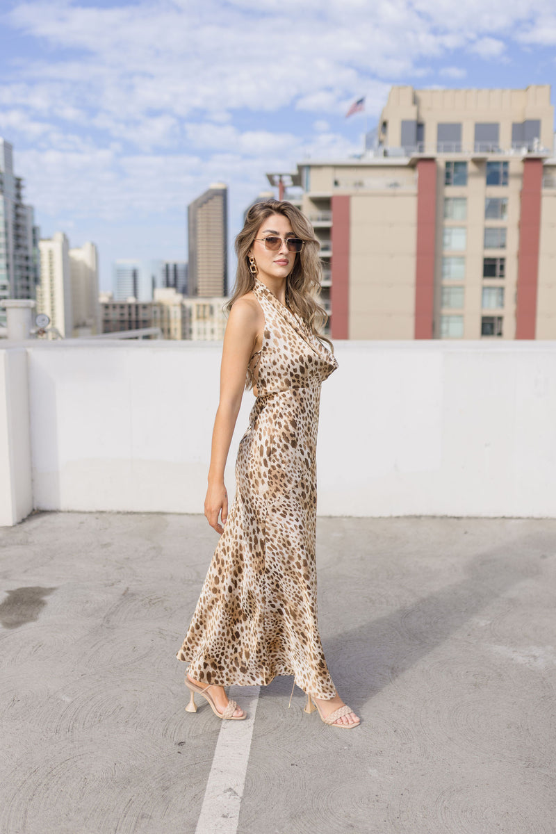 Sleeveless Halter Animal Print Maxi Dress Brown